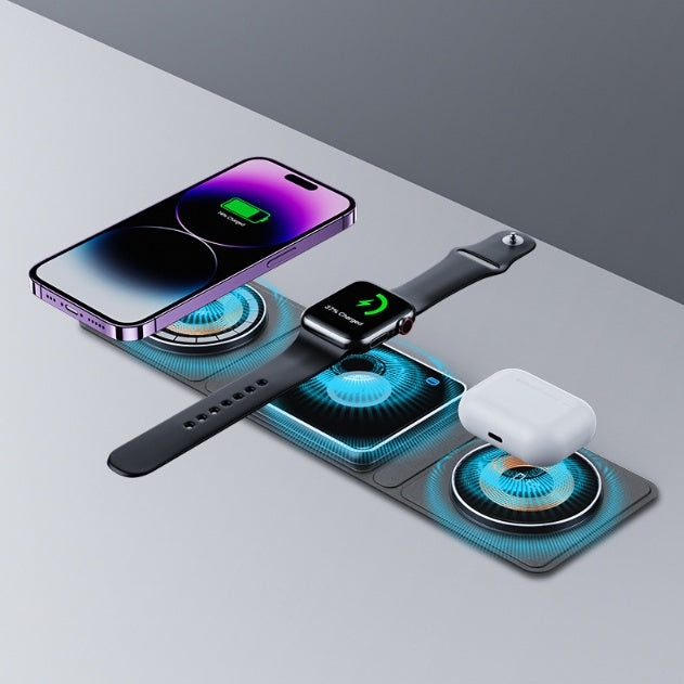 3-in-1 Magnetic Wireless Charger Station for iPhone, Apple Watch & AirPods – Foldable Fast Charging Dock