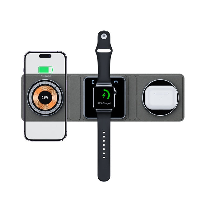 3-in-1 Magnetic Wireless Charger Station for iPhone, Apple Watch & AirPods – Foldable Fast Charging Dock