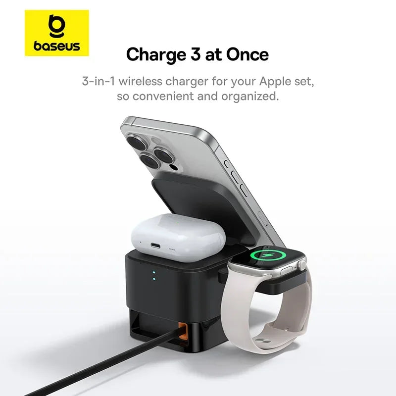 🔋 Baseus 3-in-1 Magnetic Wireless Charger Stand | 25W Fast Charging Dock for iPhone, Apple Watch & AirPods