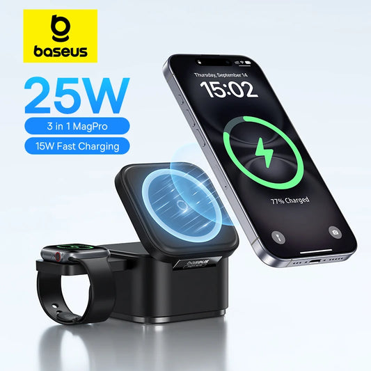 🔋 Baseus 3-in-1 Magnetic Wireless Charger Stand | 25W Fast Charging Dock for iPhone, Apple Watch & AirPods