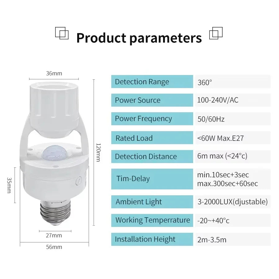 Smart Motion Sensor Light Bulb Holder E27 PIR Induction Sensor Adapter Lamp Base Converter 100~240V Auto ON/OFF Adjustable Delay